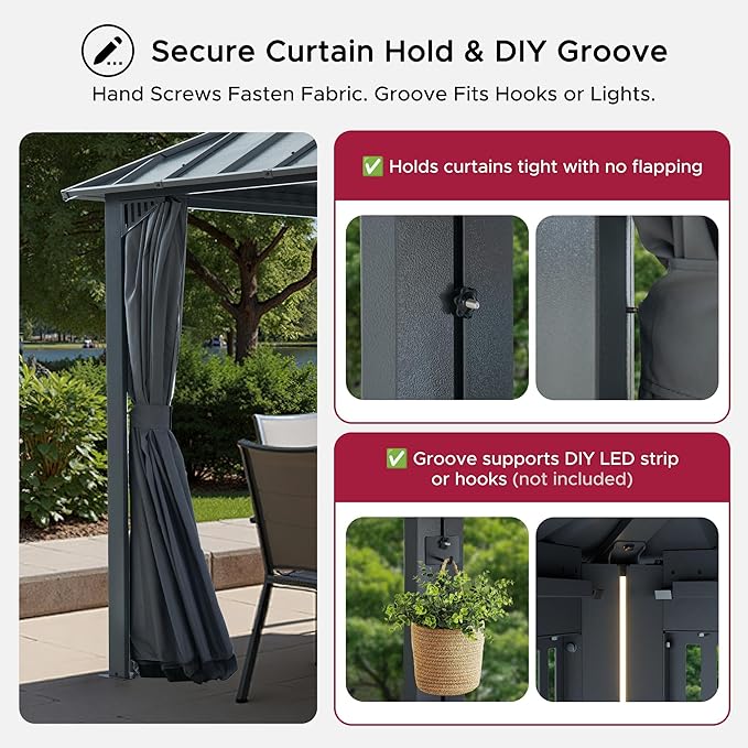 SUNJOY Kingston 14' x 12' Hardtop Gazebo with Galvanized Steel Double Roof, Curtain and Netting, Gray Aluminum Posts Permanent Pavilion Gazebo for Garden, Patio, Deck, Lawn