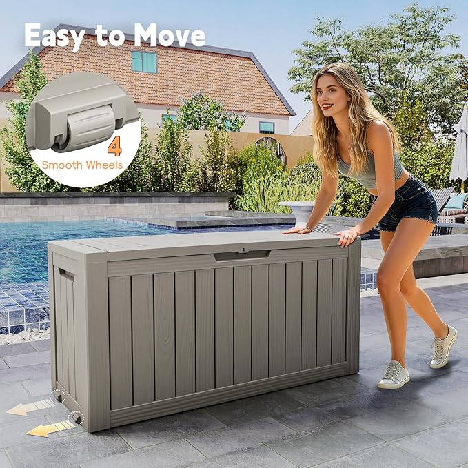 Outdoor Storage Box, 72 Gallon Deck Box Waterproof, Resin Patio Storage Bin for Package Delivery, Patio Furniture Cushion, Garden Tools, Pool Accessories, Weatherproof, Grey