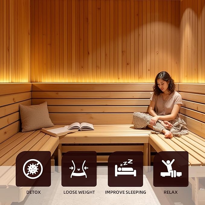 1-2 Person Outdoor Wooden Sauna Room,Canadian Cedar 220V 6KW Electric Stove Backyard Steam Sauna Kit with Light (White)