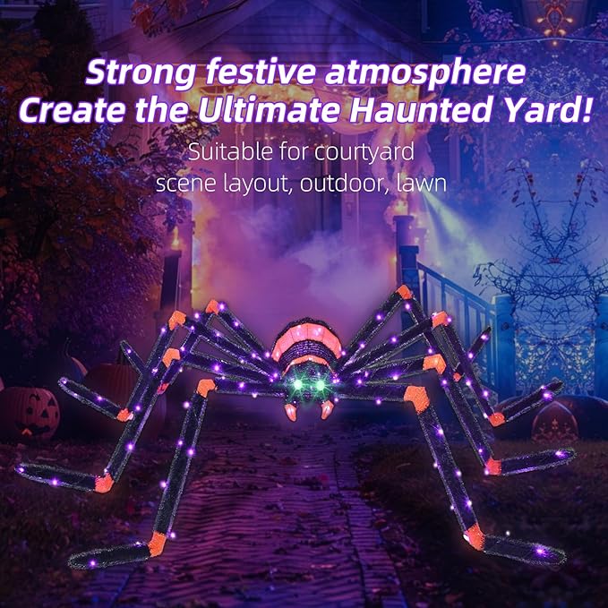 HOYECHI Halloween Decorations Giant Spider 6.8ft - Big Spider Holiday Decor Outdoor, Light Up Spider with 115 LED Lights for Front Yard Porch Gardens Party Outside Halloween Decorations - Black