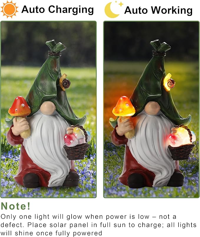 Gnome Solar Garden Statue with 3 LED Lights, Mushroom-Picking Gnome Statue Outdoor Decor for Patio, Yard, Balcony, Lawn Ornament, Unique Gift for Mom