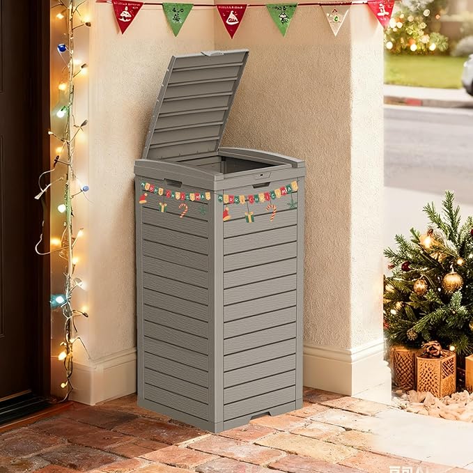 31 Gallon Double-Lid Outdoor Trash Can with Leak-Proof Slide Tray, Weatherproof Resin Waste Bin for Patio, Garden, Indoor and Backyard, Light Brown