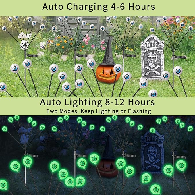 VOTTGO Halloween Solar Lights Outdoor, 2 Pack 12LED Scary Solar Eyeball Pathway Lights, 2 Modes Waterproof Swaying Firefly Light for Garden Yard Pathway Halloween Decorations, Green