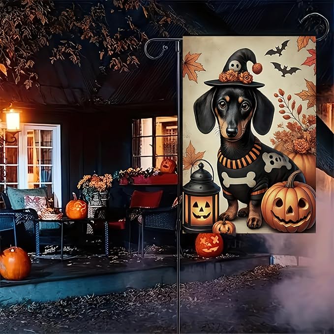 Halloween Garden Flag 12x18 Dachshund Pumpkin Witch Hat Double Sided Polyester Flag