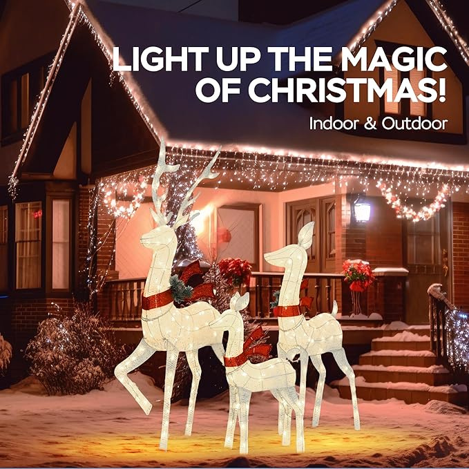 Outdoor Lighted Deer Family Decor 3-Piece Set, 5ft Large Reindeer Christmas Holiday Lights with 210 Warm White LEDs, 3D Design, Cotton Twine & Iron, Perfect for Lawn, Yard, Garden, Party