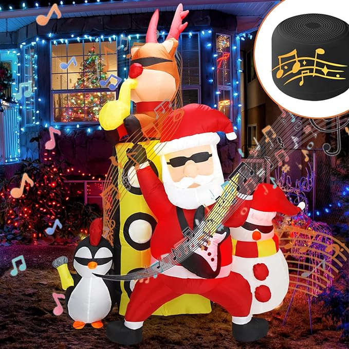 Bonus Bluetooth Speaker! 7FT H Christmas Inflatable Santa with Friends Reindeer& Penguin&Snowman Holding Concert, Animated Christmas Inflatable with Build-in LED Lights fo Christmas Decor