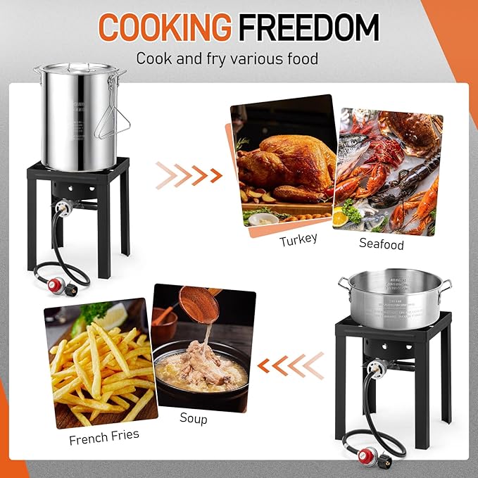 Outvita 30QT Turkey Fryer & 10QT Fish Fryer Kit w/ 55,000BTU Propane Stove, Aluminum Outdoor Deep Fryer & Seafood Boiler Steamer Gas Boiler, Gifts for Christmas Thanksgiving Day