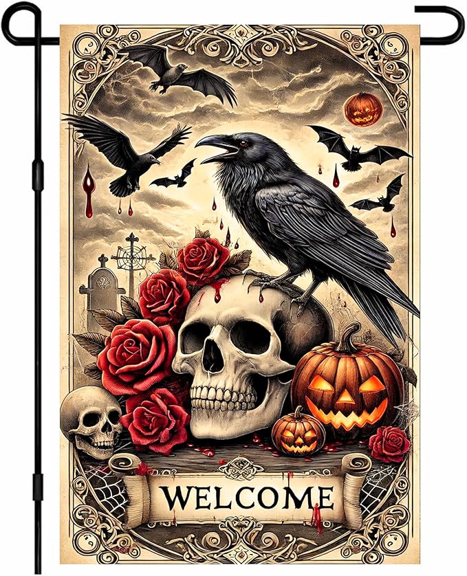Halloween Garden Flag 12x18 Inch Gothic Skull Raven Flag Double Sided Spooky Yard Banner Pumpkin Bat Scene Outdoor Fall Decoration for Porch Lawn Patio Seasonal Welcome