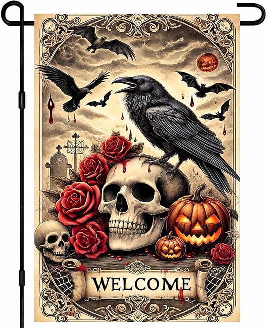 Halloween Garden Flag 12x18 Inch Gothic Skull Raven Flag Double Sided Spooky Yard Banner Pumpkin Bat Scene Outdoor Fall Decoration for Porch Lawn Patio Seasonal Welcome