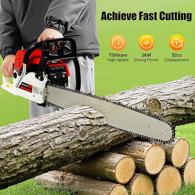 22 Inch Gas Chainsaw 52CC 2KW Petrol Chainsaws 2-Stroke Engine Chainsaw Chain Saw Set for Cutting Wood Outdoor Home Farm Us (Red-White)
