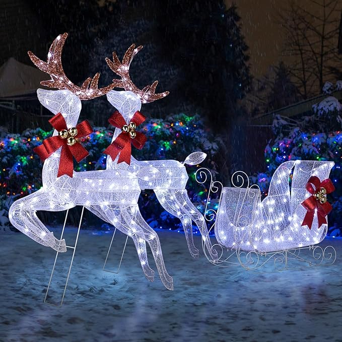 Christmas Decorations: Lighted Reindeer & Sleigh Outdoor Display, Multicolor, 270 LED Lights, Weatherproof, Easy Assembly