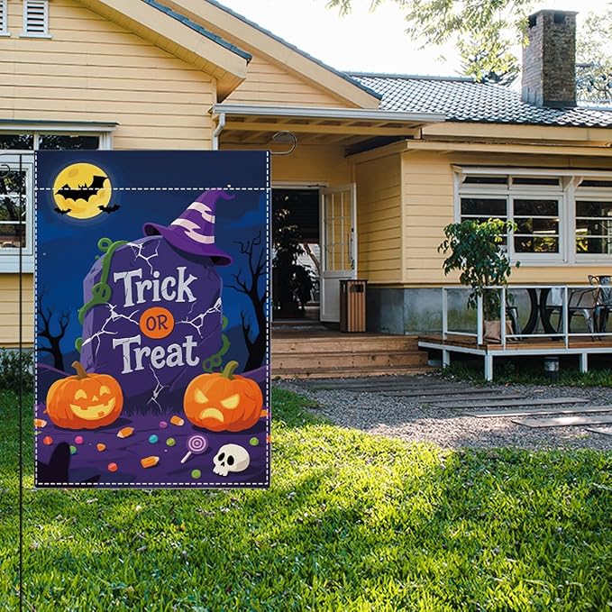 Halloween Garden Flag Trick or Treat Bat Pumpkins Fall Halloween Themed Holiday Party Outside Outdoor Lawn Decorations Yard Flag Double Sided 12x18 Inch