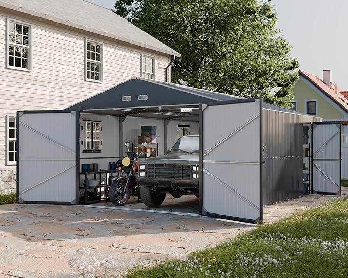 Metal Garage Shed, 13x20x8.5' Large Outdoor Storage Building and Workshop, Weatherproof Steel Carport with Ultra-Reinforced Truss System, Skylights & Dual-Entry