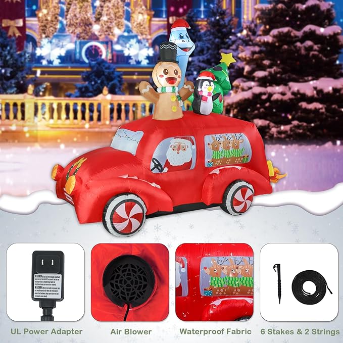7.5 FT Long Christmas Inflatables Gingerbread Man Penguin Dinosaur with Xmas Tree and Santa Outdoor Decorations, Inflatables Car Blow up with Built-in LED Lights for Party Lawn Outdoor Yard