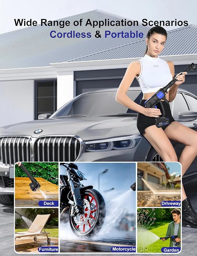 Portable Power Washer, 1100PSI Cordless Pressure Washer Battery Operate with 6-in-1 Nozzle, Foam Cannon, 3.0Ah Battery, Lightweight Handheld Power Washer for Car, Patios, Outdoor Cleaning