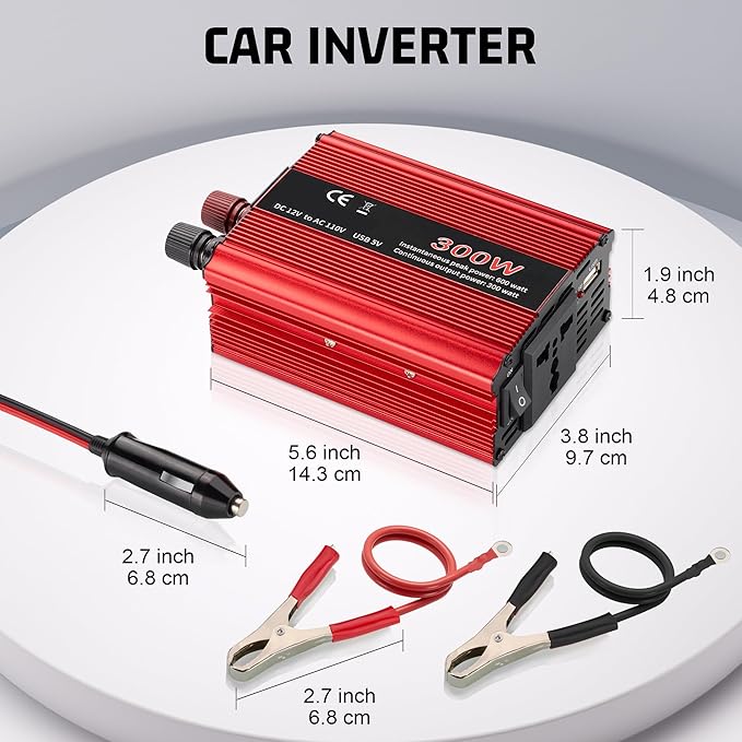 300W Power Inverter DC 12V to 110V AC, Durable Aluminum Housing Car Charger Adapter with 1A USB Charging Port, 1.6ft Car Plug in Cigarette Lighter Outlet for Phone, Laptop