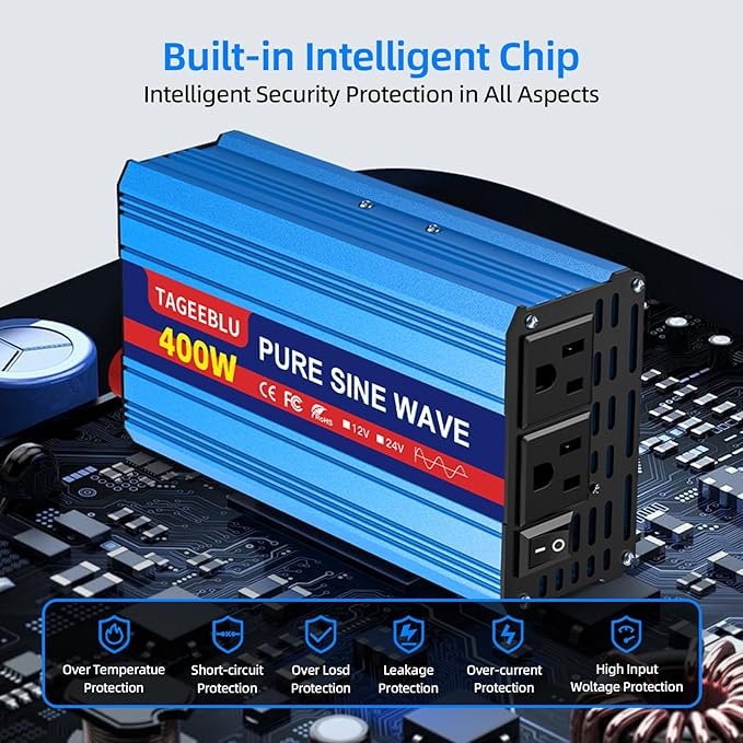 400W Pure Sine Wave Inverter, 12V DC to 110V/120V AC Car Power Inverter with 2 AC outlets and LCD Display