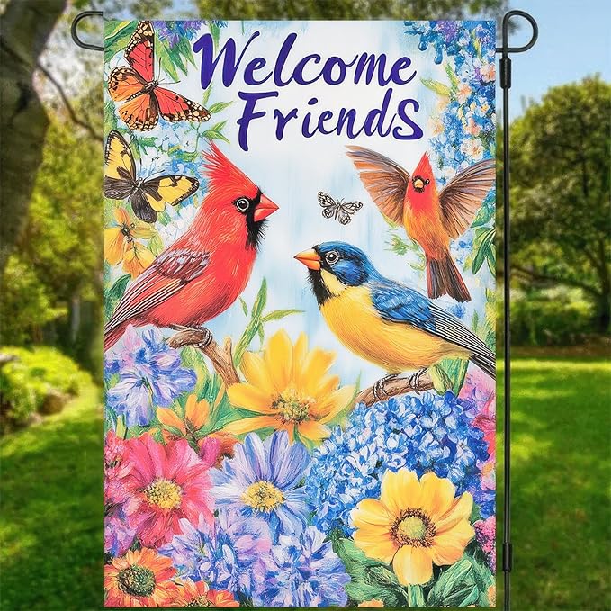Spring Garden Flag Double Sided Garden Flag Birds Butterflies and Flowers Yard Flags Welcome Friends Design 12x18 Inch Polyester Yard Decoration for Outdoor Lawn and Patio