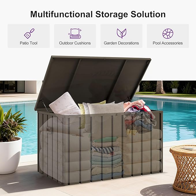 PURPLE LEAF Outdoor Deck Box 120 Gallon Waterproof Lockable Storage Box Container with Lid Deck Organization for Patio Cushions Side Table Pool Accessories Garden Tools, Brown