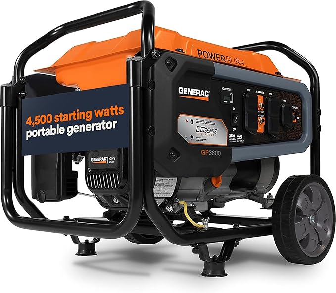 Generac 4,500 Starting Watt Portable Gas Generator - Electric Start - Home Backup or RV Ready - Heavy Duty Frame - Quiet, Long Runtime, Emergency Power- 49-State Compliant