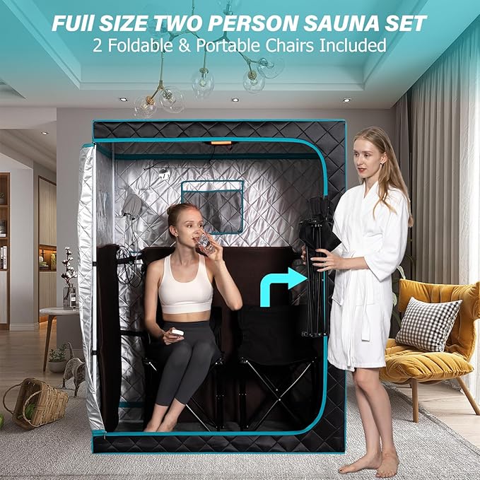 Smartmak Portable Far Infrared Sauna, Home Two Person Sauna Box with 660nm Red Light Therapy Lamp, X-Large Full Size Indoor SPA Tent for Body Recovery, Remote Control, 2 Folding Chairs, Blackgreen