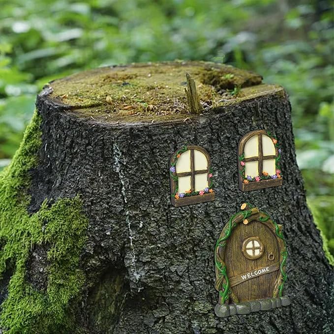 Resin Fairy Door and Window with Lantern for Trees,Glow in The Dark,Miniature Fairy Garden Accessories,Garden Outdoor Decorations for Trees,Gnomes House,Elf House