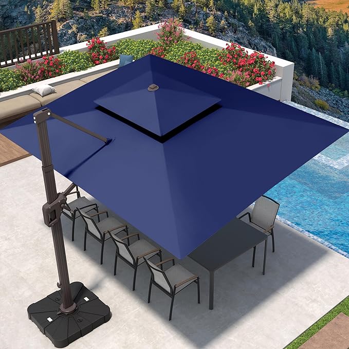 9' X 12' Cantilever Patio Umbrella 360°Rotation Rectangular Outdoor Large Offset Umbrellas Double Top Heavy Duty Windproof for Garden Deck Pool Backyard, Navy