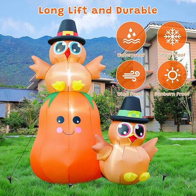 FunFanso 5FT Thanksgiving Inflatable Turkey on Pumpkin Outdoor Decoration, Lovely Blow Up Turkey with Built-in LED Lights for Garden Lawn Yard Home Party Decor, Powerful Blower for Fast Inflation