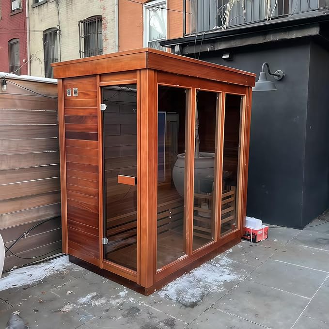 Outdoor Steam Sauna, Canadian Red Cedar Saunas 3 Person, 6KW ETL Toule Heater, Waterproof System, 220V,Broad Benche, Modern Sauna Box, Left Door (0-195℉)
