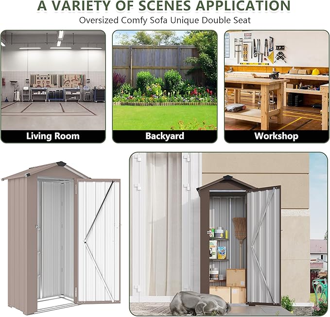 KEIKI Outdoor Storage Shed 2.5' x 1.4', Metal Tool Cabinet with Sloping Roof & Lockable Door, Small Top Tall Shed for Backyard, Garden, Patio, Lawn, Brown
