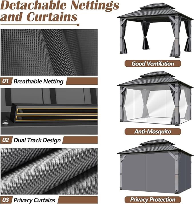 10x12FT Wood Gazebo,Outdoor Wooden Hardtop Gazebo with Galvanized Steel Doule Roof,Cedar Wood Frame Gazebos with Netting &Curtainfor Patio Backyard Deck