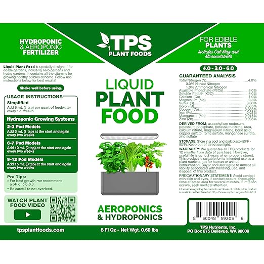 TPS NUTRIENTS Liquid Plant Food for use in AeroGarden, IDOO and Hydroponic Growing Systems, Liquid Fertilizer, 32 oz (1 Quart)