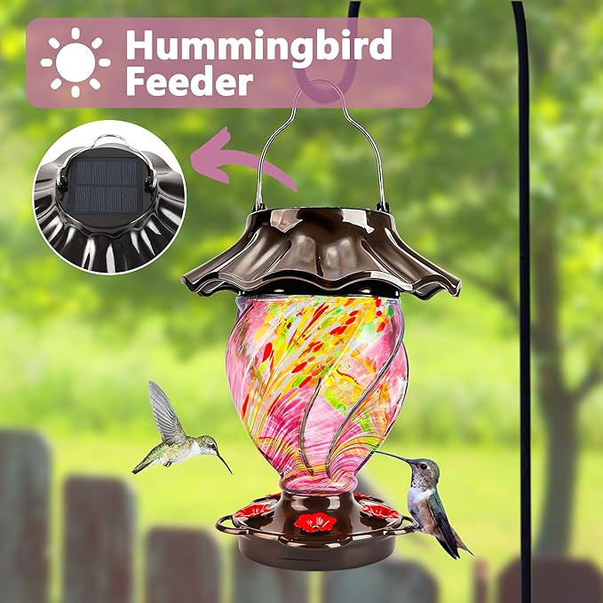 LUJII Solar Powered Color Changing Hummingbird Feeder for Outdoors Hanging, Hand Blown Glass, 35 fl.oz, Never Leak, Illuminated Lantern for Garden Decor, for Bird Lovers, Purple