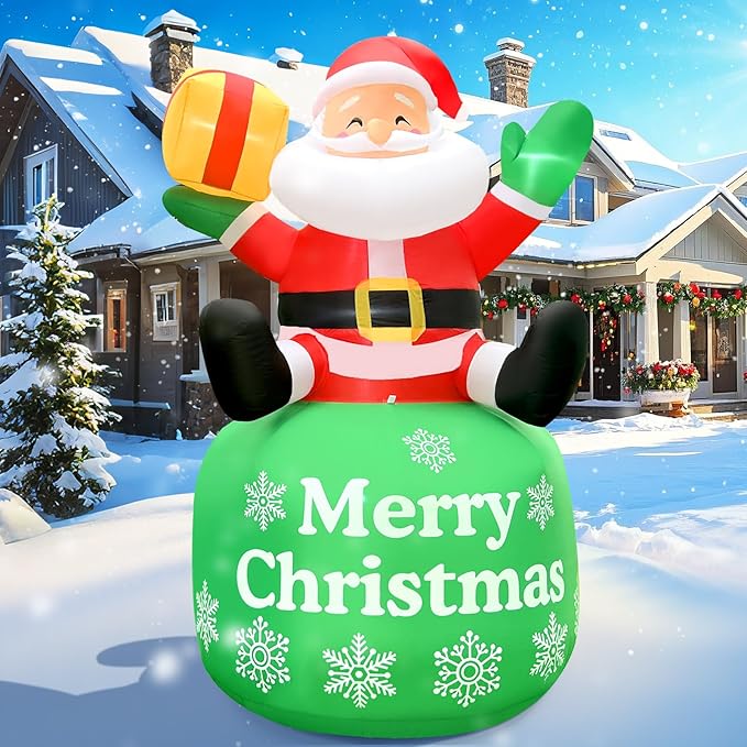 2025 Christamas Inflatable Santa 8FT Sitted Santa Claus with Gift Box Christamas Inflatables Outdoor Decorations Xmas Santa Blow Up Yard Decor with Built-in 5 LEDs for Holiday Party Yard Garden Lawn