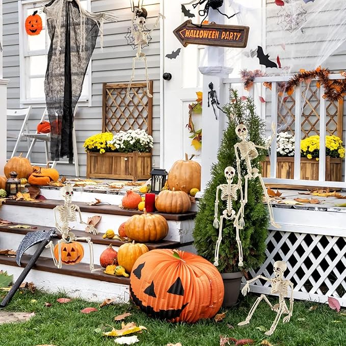 Remiawy Skeleton Halloween Decorations, 16” Full Body Posable Skeletons with Movable Joints, Small Plastic Hanging Props for Haunted House, Yard, Graveyard, Spooky Party Indoor Outdoor Decor, 2 Packs