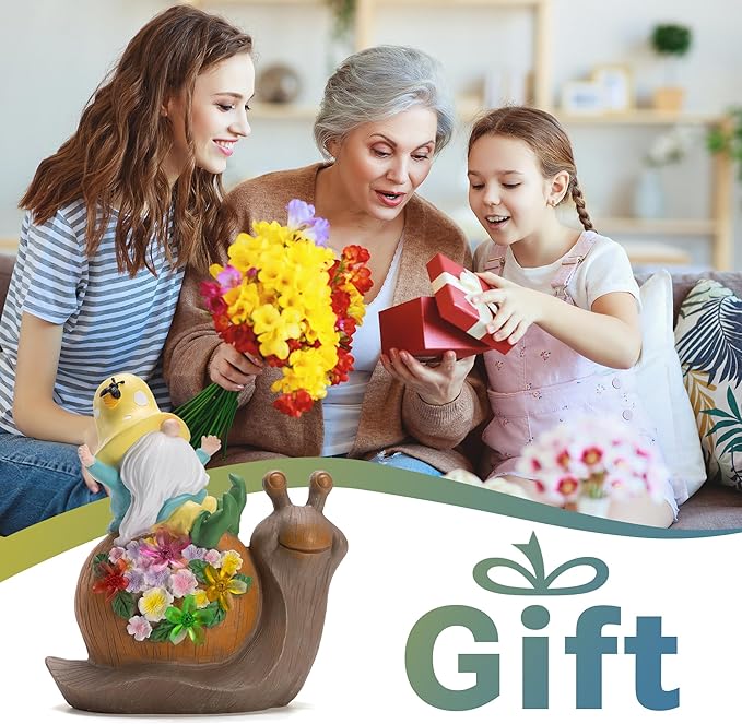 Solar Garden Outdoor Statue Snail Gnome with Succulent and LED Light - Patio,Lawn,Garden,Tortoise Statue for Patio,Unique Housewarming Gifts