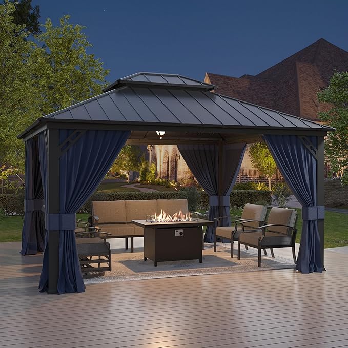 12'x14' Hardtop Gazebo,Double Roof, Outdoor Galvanized Steel Metal Gazebo with Curtains and Netting for Patios, Gardens, Lawns,NavyBlue