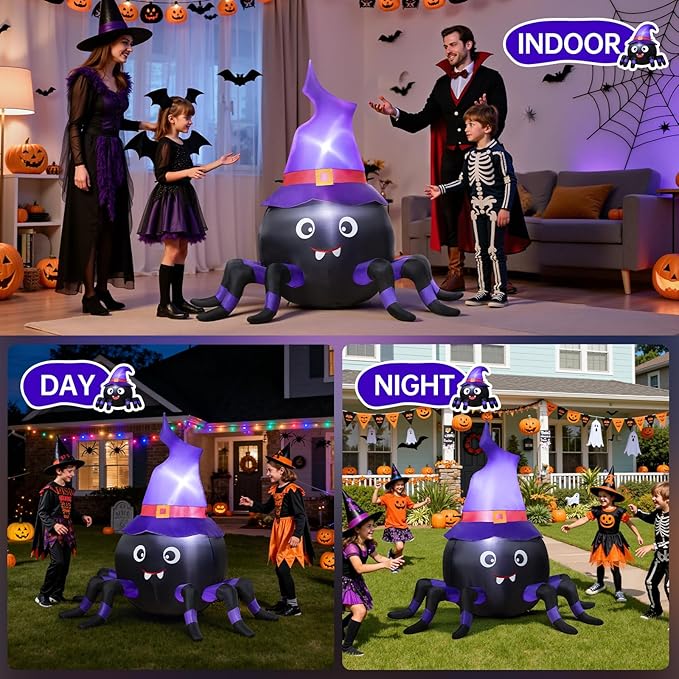 5FT Halloween Inflatable Spider with Witch Hat Outdoor Decoration, Blow Up Yard Inflatable Decorations with Built-in LED Lights for Garden/Lawn/Holiday/Home Party Decor
