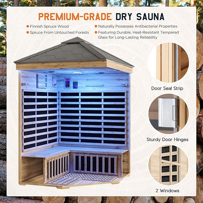 Albott Outdoor Sauna 4 Person, Infrared Saunas for Home, Low EMF 2850W/240V Spruce Wood Dry Sauna with Tourmaline Stone Foot Warmer, 7-Color Light Therapy & 2 Bluetooth Speakers, 59.1"x59.1"x98.4"