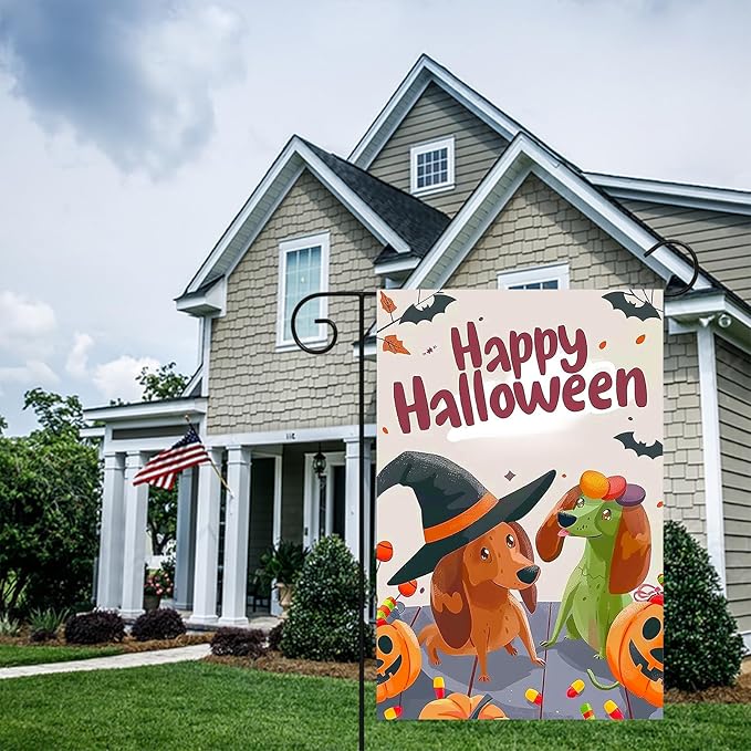 Halloween Dachshund Dog Garden Flag 12x18 Inch Funny Witch Hat Pumpkin Candy Outdoor Yard Banner Fall Porch Decoration for Spooky Holiday Season