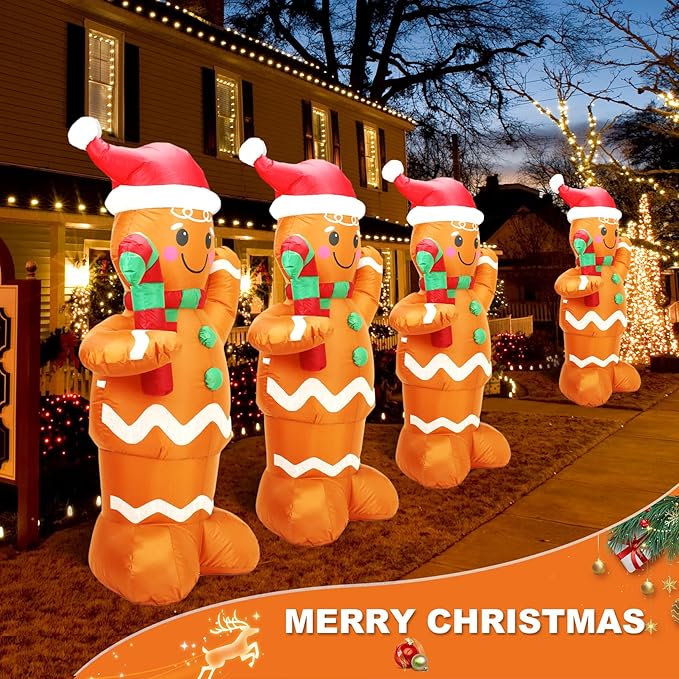 5FT H Lovely Christmas Inflatable Gingerbread Man with Candy Cane, Blow up Gingerbread Man,Christmas Inflatables Gingerbread with Bulid-in LEDs for Indoor Outdoor Decoration