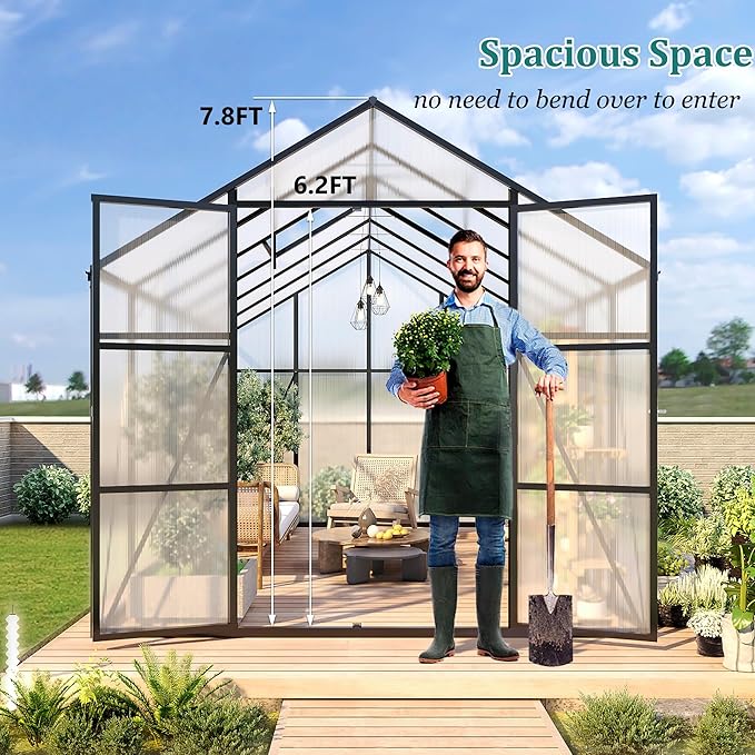 Greenhouse for Outdoors 8x12x7.8FT, Polycarbonate Greenhouse with Stronger Wind Protection and Roof Vent, Walk-in Large Aluminum Sunroom Winter Proof, Black