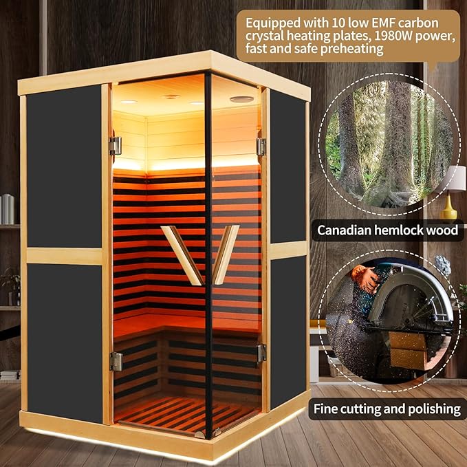 Far Infrared Sauna for Home 2 Person Saunas for Home Indoor Sauna 1980W Hemlock Wood Sauna Room 2-Person Infrared Sauna with LCD Control Panel and Tempered Glass Doors Dry Sauna 47.2*47.2*75.6 Inches