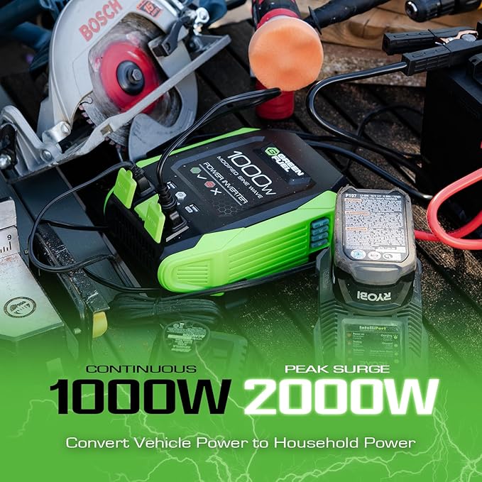 1000W Power Inverter 2000W Peak w/DC 12V to 3X 120V AC, 2X 2.4Amp USB, Mounting Brackets and Clamps Included