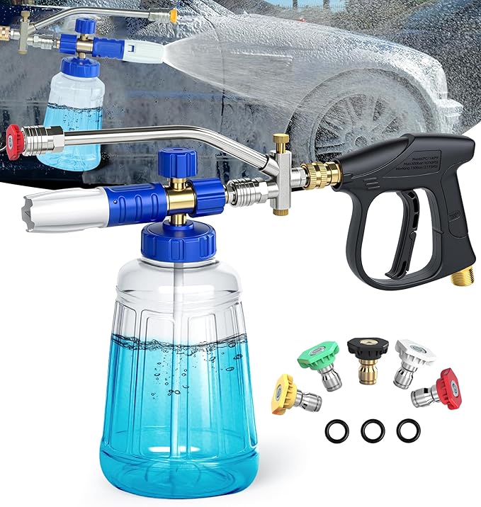 Dual Spray Foam Cannon Power Washer Gun, 4350 PSI High Pressure Short Gun Snow Foam Lance with 1/4 Inch Quick Connector, Car Wash Sprayer with 5 Pressure Washer Nozzle Tips for Car Cleaning