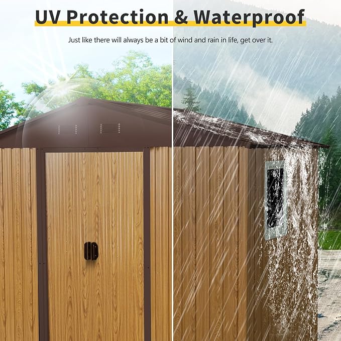 8x4 ft Outdoor Metal Storage Shed with Floor Foundation and Window, Lockable Galvanized Steel Tool Shed with Sliding Door and Air Vent, Waterproof Garden Storage House for Backyard, Patio
