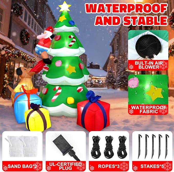 HFO 8ft Christmas Inflatable Outdoor Decorations, Blow up Christmas Tree Yard Decor with Dog Bite Santa Claus 3 Wrapped Gift Boxes, Bright LED Lights Christmas Outdoor Decorations