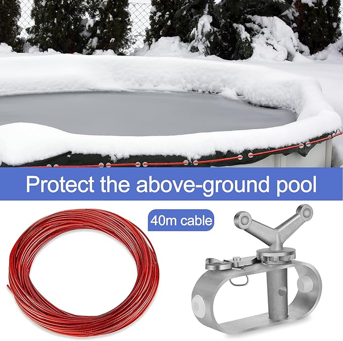 131ft Pool Cover Cable and Winch Kit Pool Covers for Above Ground Pools 10x16 Pool Cover Cable for Securing Above Ground Swimming Pool Covers(Red)