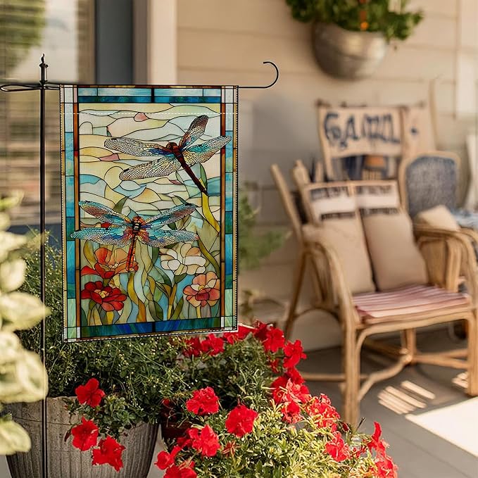 Garden Flags, Dragonfly Garden Flag, Stained Glass Style Dragonfly Floral Flag Double-Sided Flags for Farmhouse Yard Outdoor Decoration-12 x 18inch (Dragonfly)
