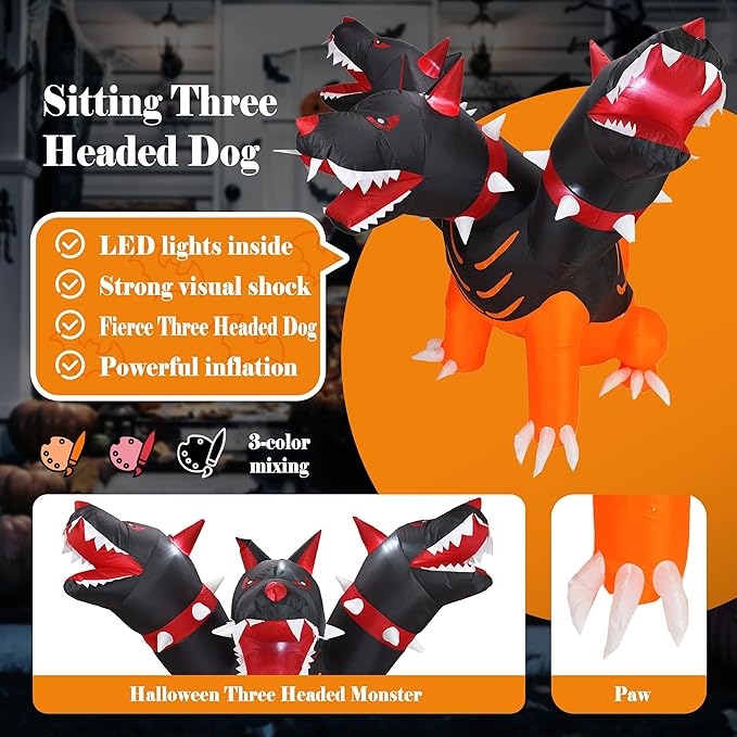 DearSun 6FT Halloween Inflatable Fierce Cerberus with Build-in LED Lights, Blow up Halloween Inflatable Outdoor Indoor Decorations Large Party Yard Decoration (Fierce Cerberus)